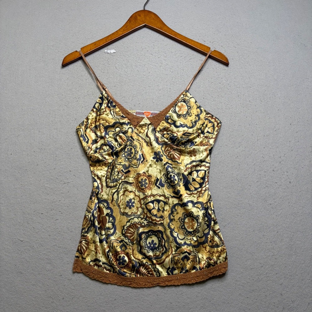Weavers Girl Cami Top Womens S Gold Batik Floral Y2K Crochet Lace‎ Trim Silky